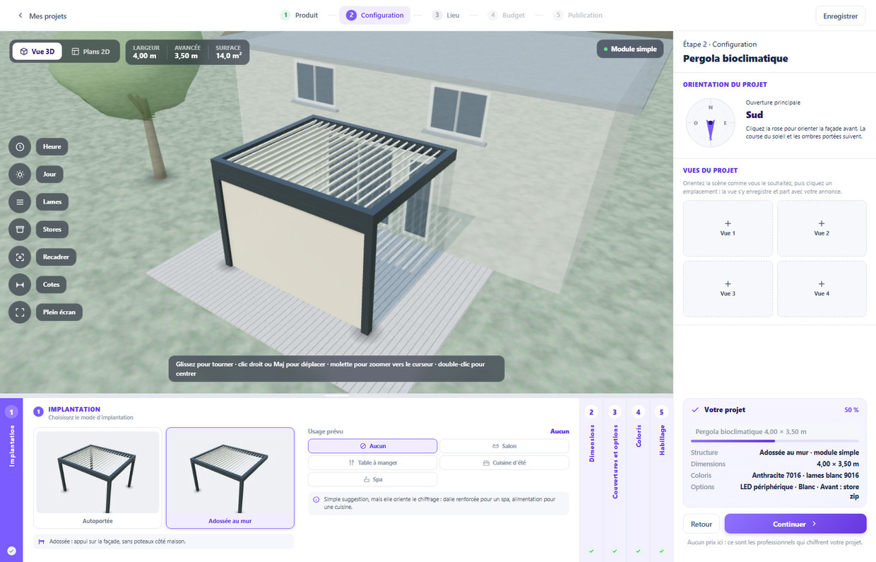 Le configurateur Hello : une pergola bioclimatique dessinée en 3D contre une façade, avec sa largeur, son avancée et sa surface affichées, et le récapitulatif du projet à droite.