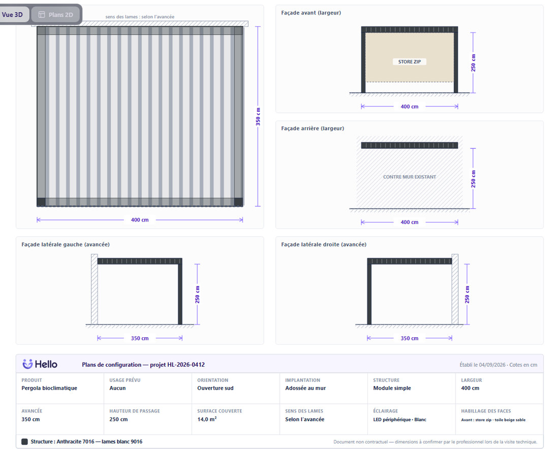 Le plan sur cartouche Hello : vue de dessus, façade avant, façade arrière et façades latérales, toutes avec leurs mesures, et le cartouche qui reprend produit, orientation, implantation, structure et coloris.