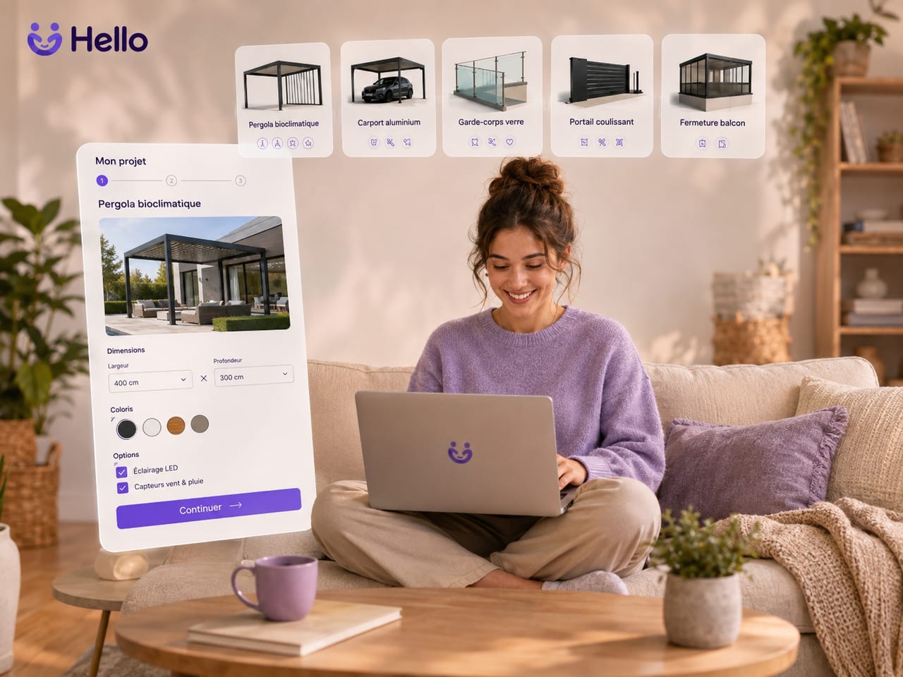 Une personne configure sa pergola depuis son salon, sur son ordinateur : le choix du produit, les dimensions, les coloris et les options.